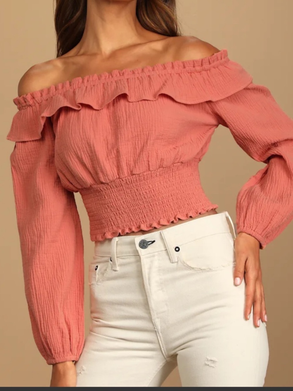 Lulu's Cropped Ruffle  Gauze 3/4 Sleeve Apricot Top 100%Cotton Size Medium NWT